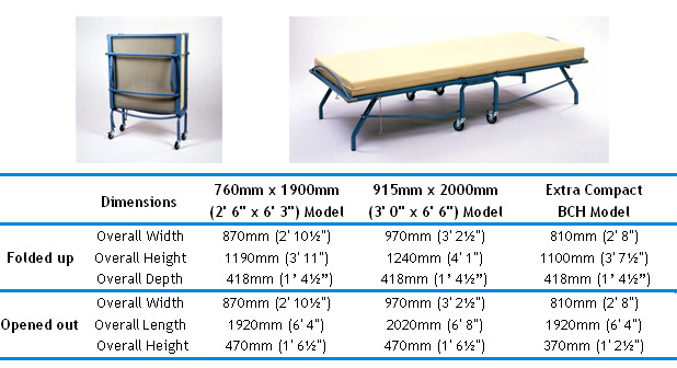 'Glideaway'® dimensions table